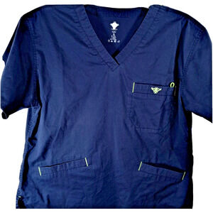 Med Couture Scrub Top E-Z Flex Blue Short Sleeve Multi Pockets Size Large